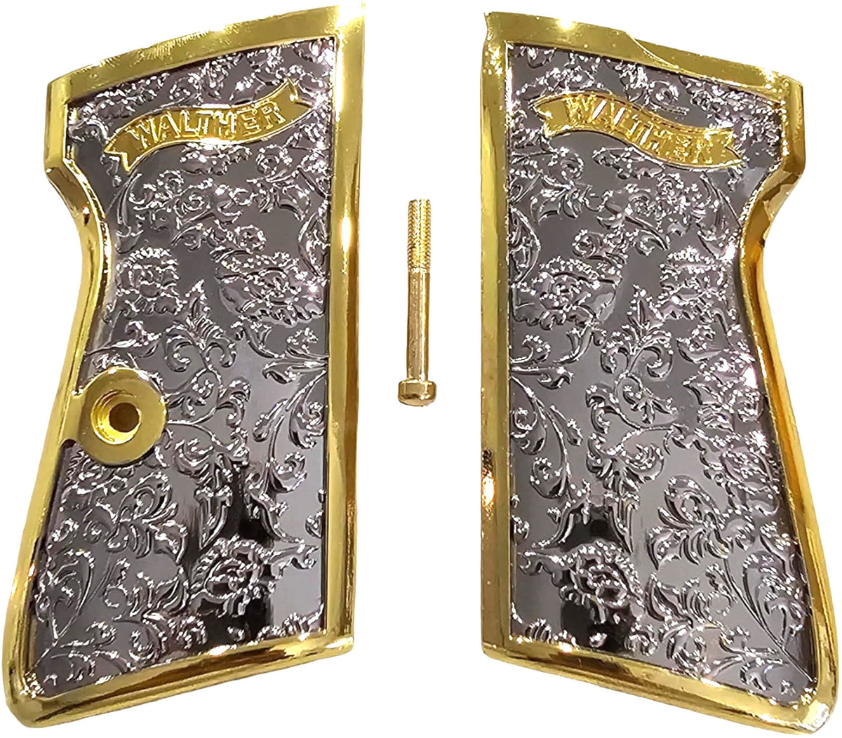 Custom Metal Pistol Grips for Walther PPK PPK-S Scroll Engraved Polished Nickel Gold Finish