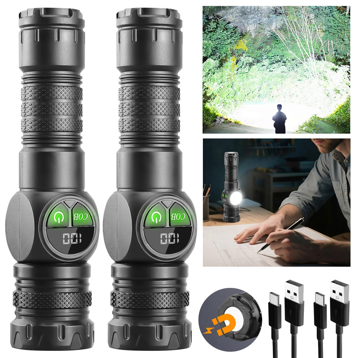 Rechargeable Magnetic COB LED Work Flashlight with Main & Side Lights
