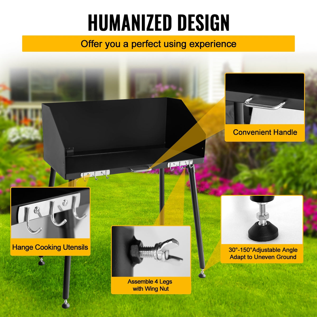 Camping Cooking Table with Windshield - 30x16 Inch Carbon Steel Portable Table