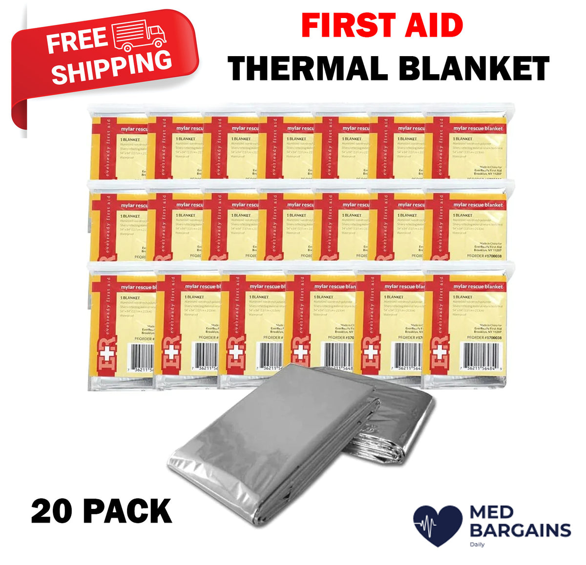 Emergency Mylar Thermal Blanket 54x84 Inches 20 Pack - Lightweight & Reflective
