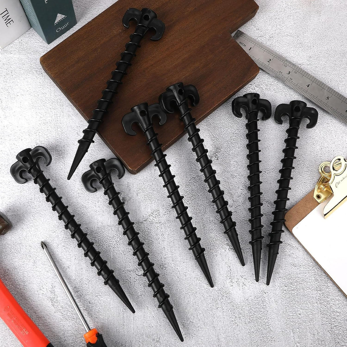 8 Pack 7.5 Inch Black Plastic Tent Stakes Spiral Sand Anchors for Camping Hiking