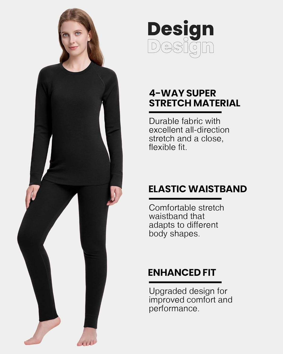 Women's Merino Wool Base Layer Sets Thermal Underwear Ski 2PC Top & Long Johns