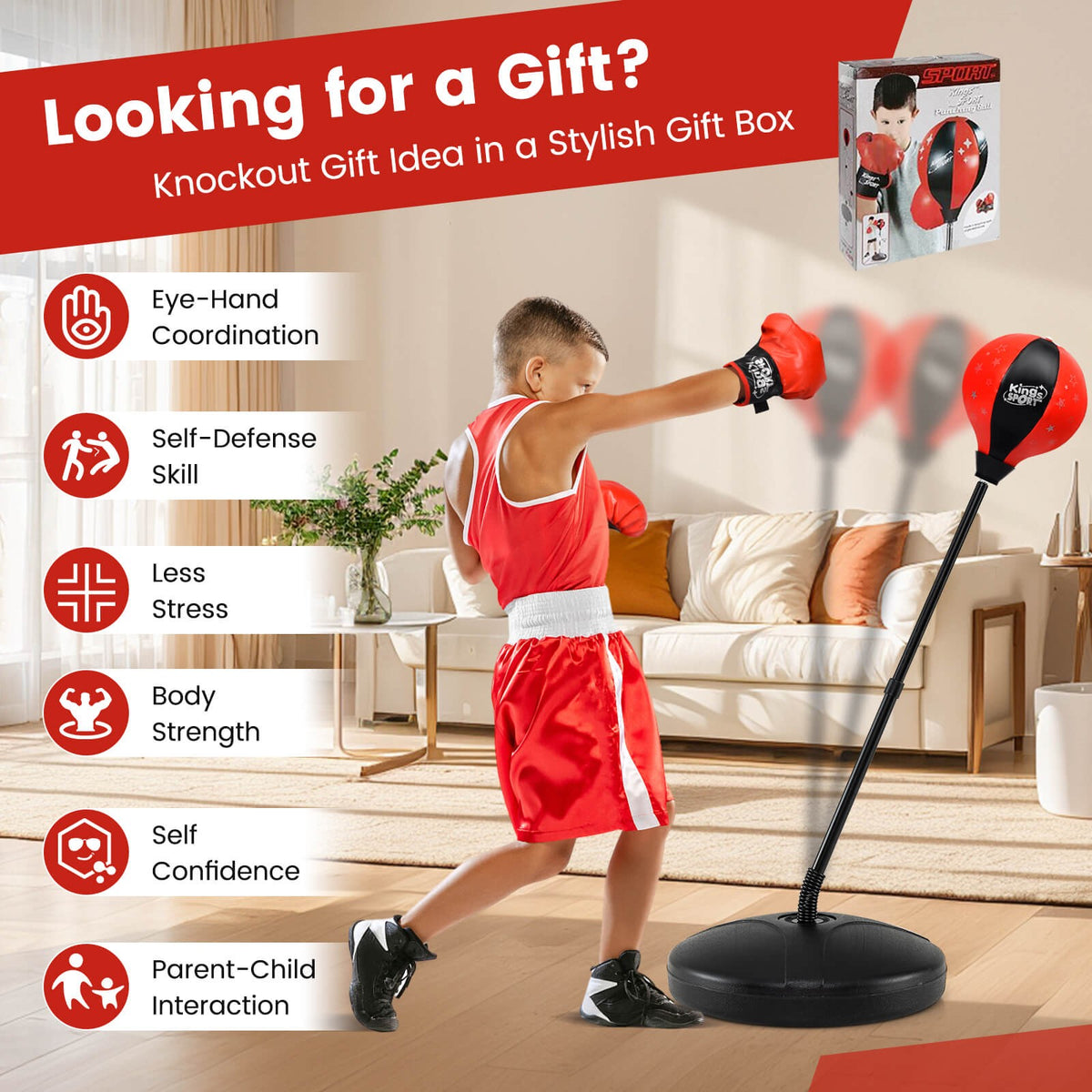 Kids Adjustable Inflatable Punching Bag Set with Stand Boxing Gloves & Pump