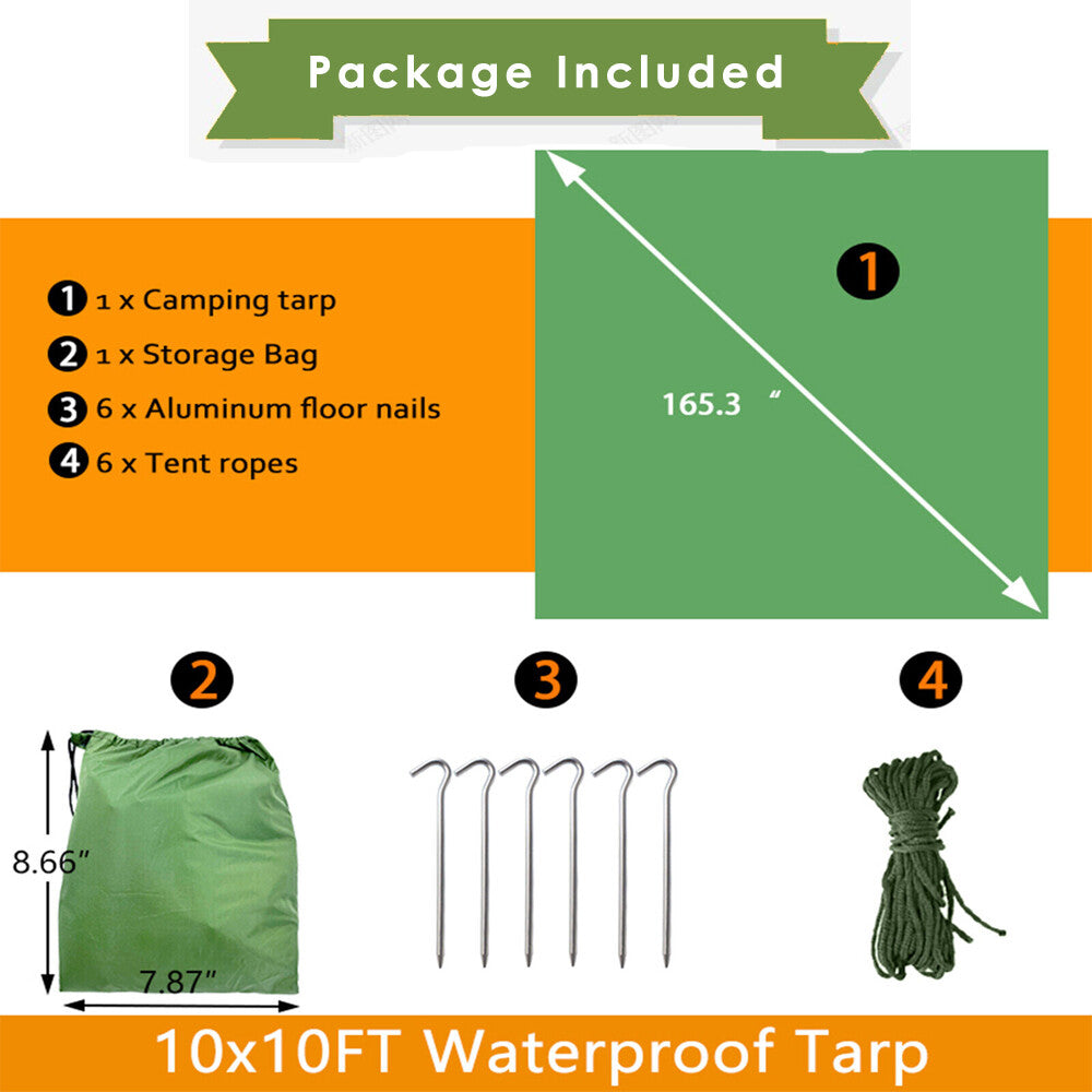 10x10 ft Waterproof Camping Tarp Shelter with Grommets