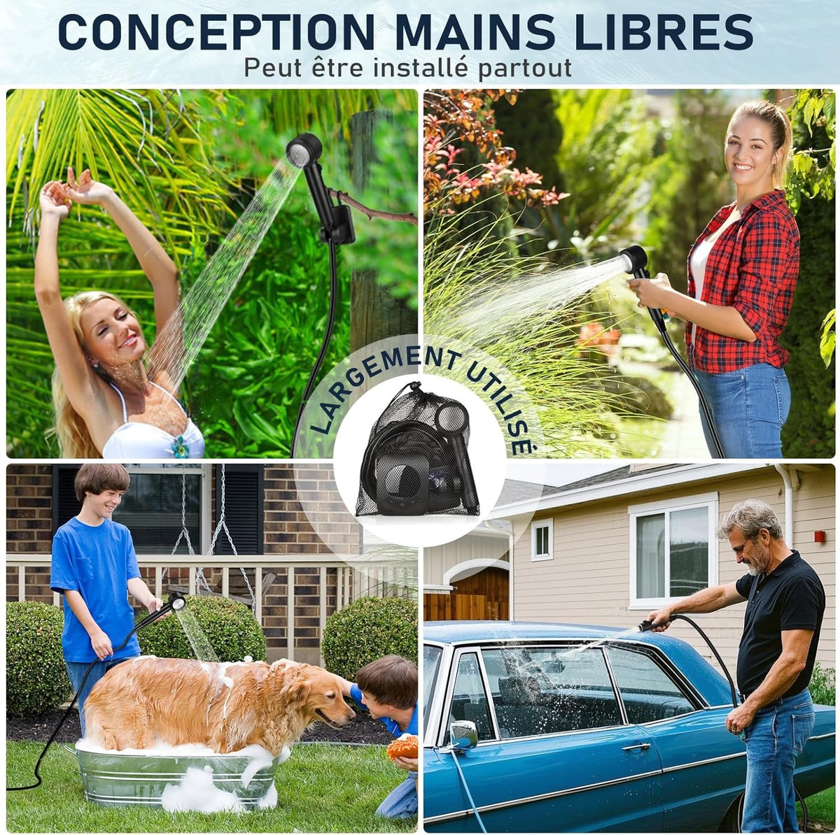 Portable Camping Shower with Rechargeable Pump, 5-Speed Adjustable Water Flow, USB-C Battery, Outdoor Use