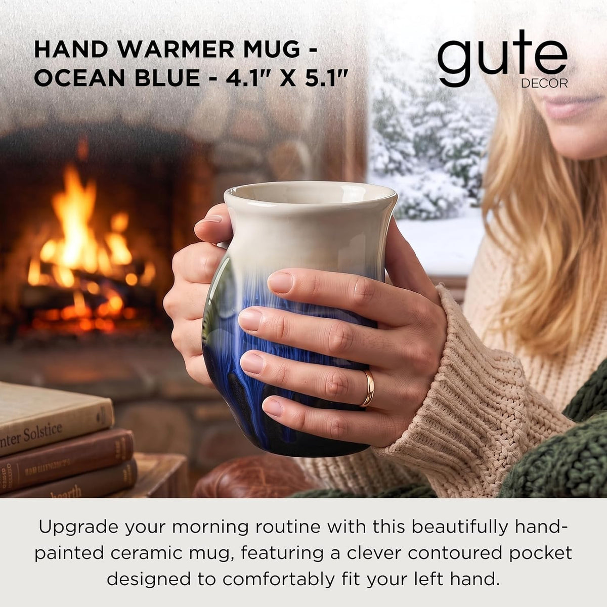Ceramic Hand Warmer Mug with Hand-Painted Ocean Blue Finish - Contoured Pocket for Warmth