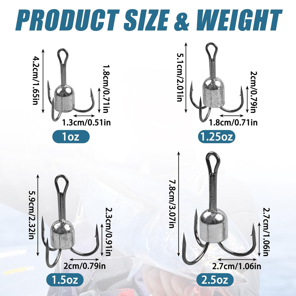 Weighted Treble Fishing Hooks Set - 4 Sizes, Saltwater & Freshwater Use