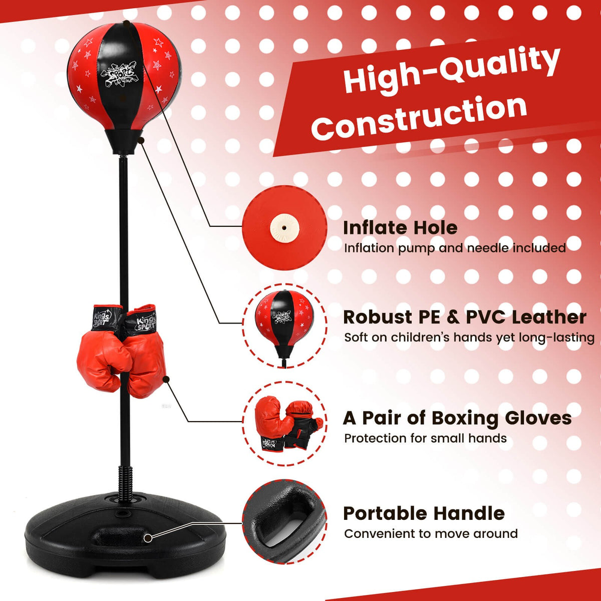 Kids Adjustable Inflatable Punching Bag Set with Stand Boxing Gloves & Pump