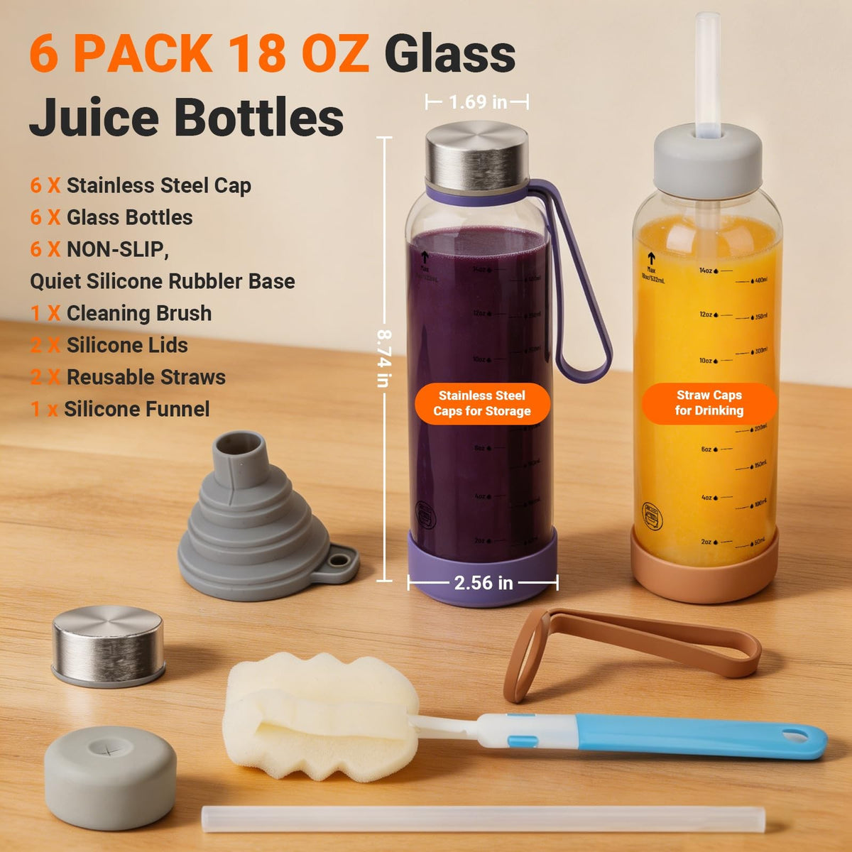 Glass Water Bottles 18 oz Pack of 6 with Leak-Proof Stainless Steel Lids