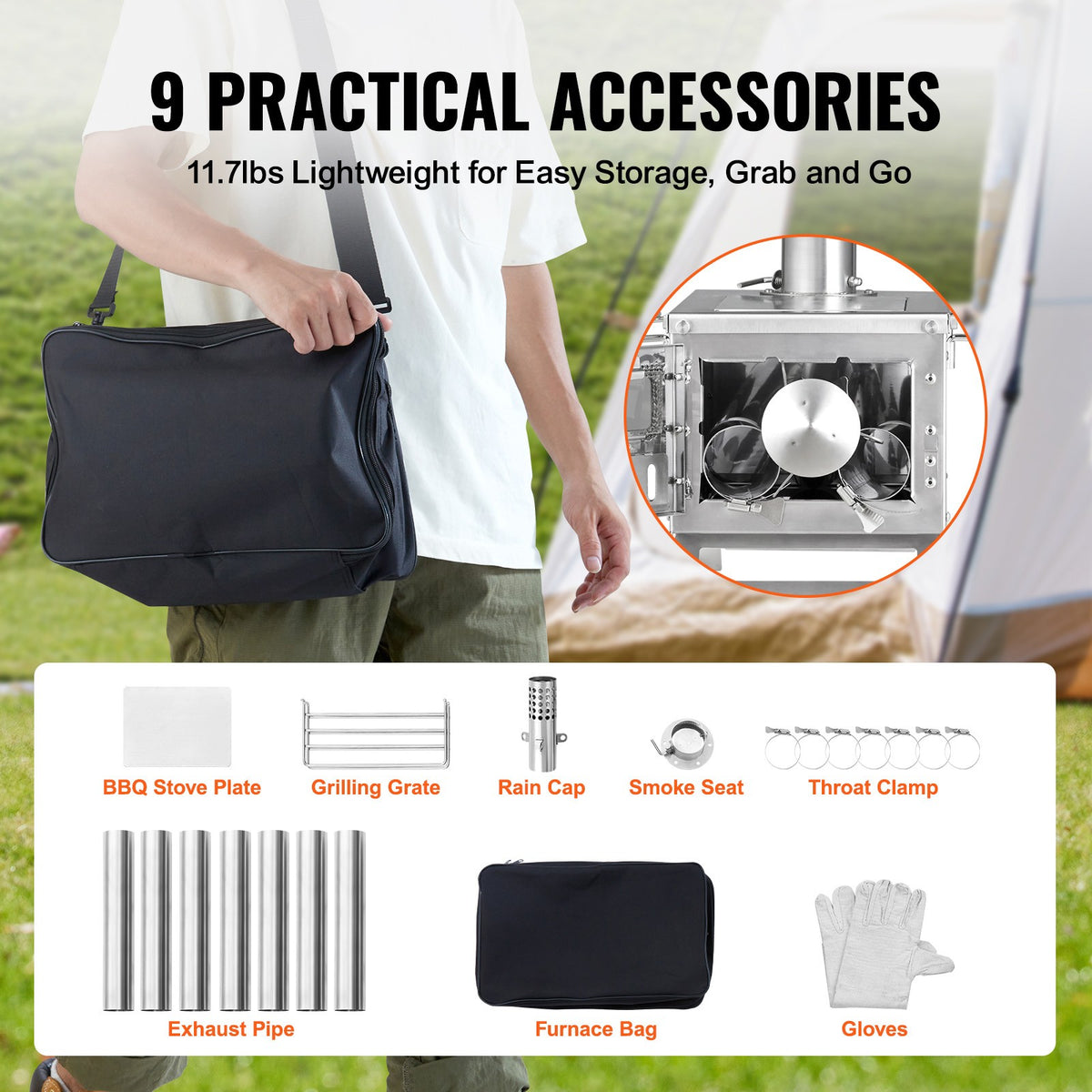 Portable Wood Stove for Camping and Outdoor Cooking with BBQ Plate