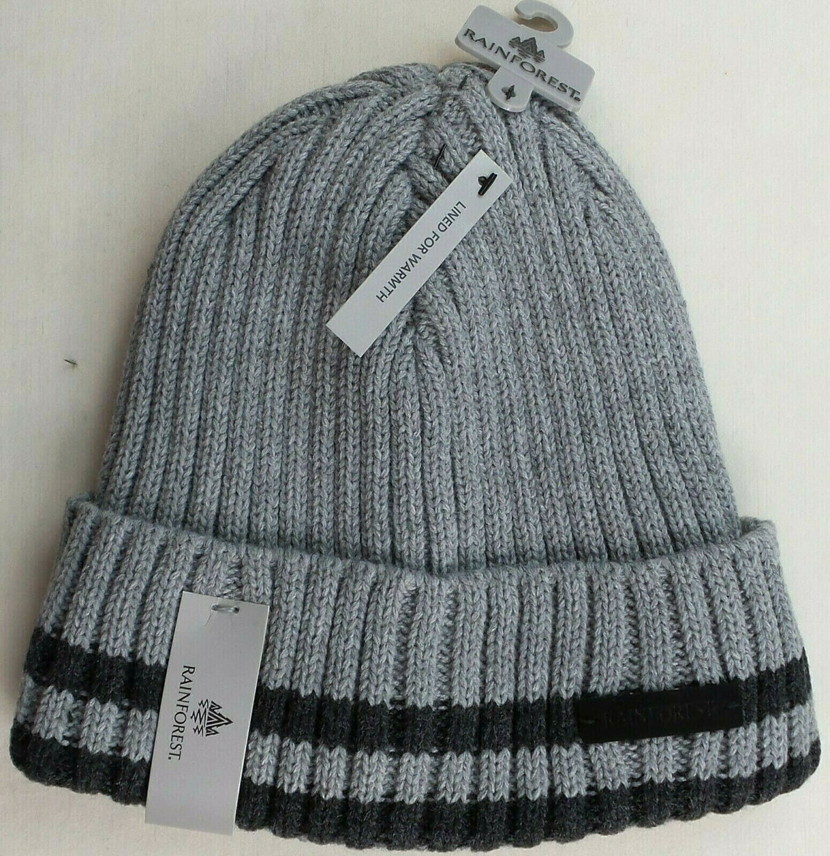 Rainforest Men's Heather Grey Black Ribbed Knit Beanie with Fleece Lining