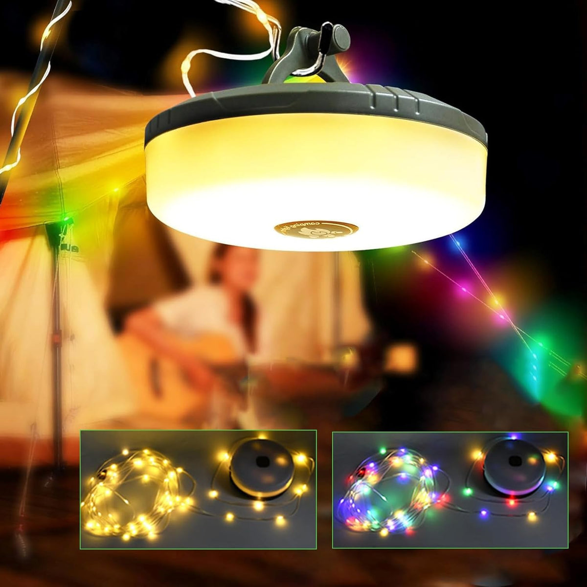 Rechargeable LED Camping String Lights with RGB & Warm Light - 33ft, Portable Tent & Garden Decor