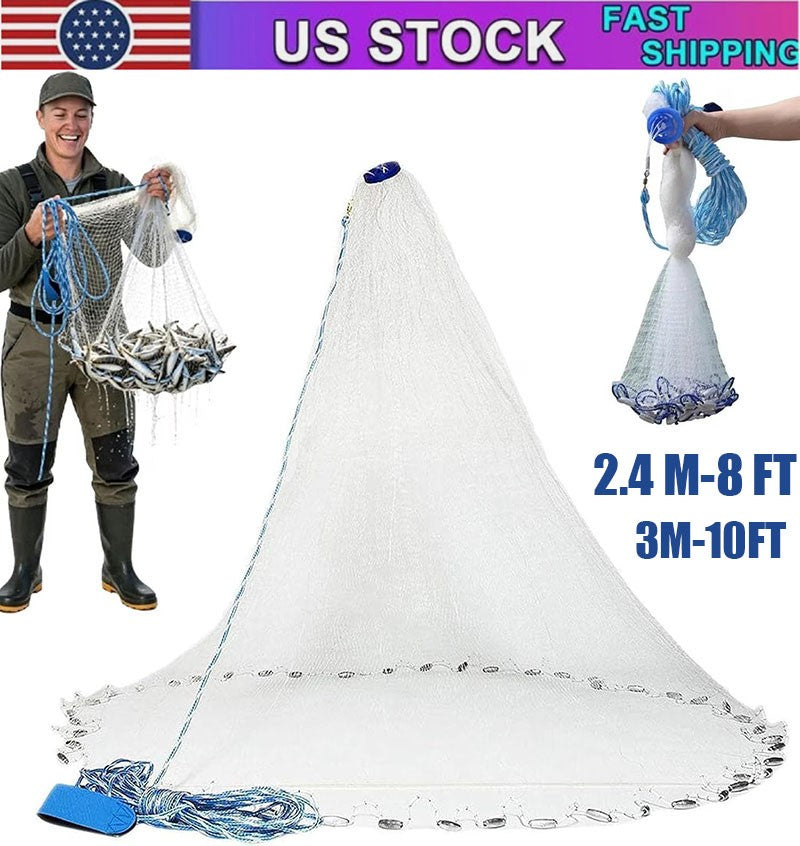 Heavy-Duty Nylon Cast Fishing Net with Lead Sinkers - Easy Throw Hand Net