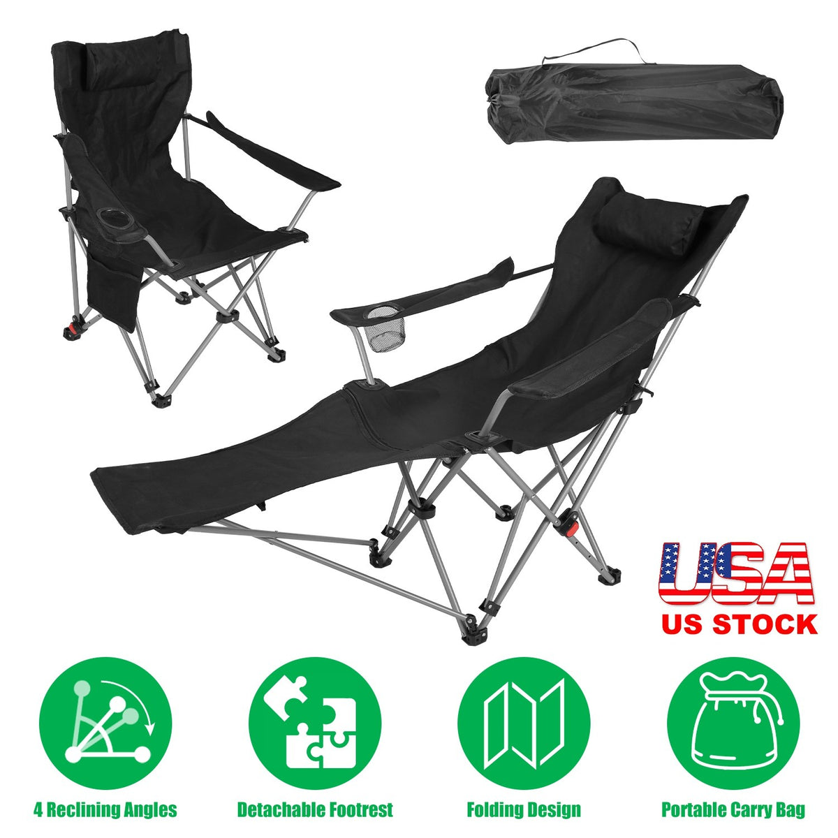Reclining Camping Chair with Canopy & Footrest - Folding Outdoor Seat