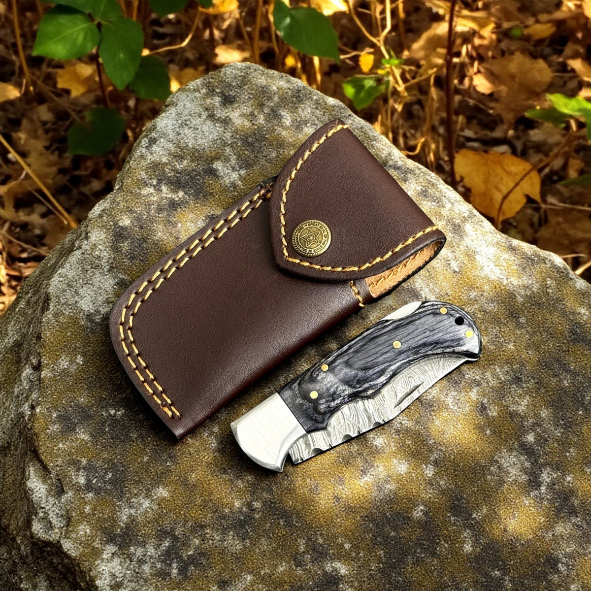 Handmade Damascus Folding Knife with Carved Pattern Blade and Wood Handle