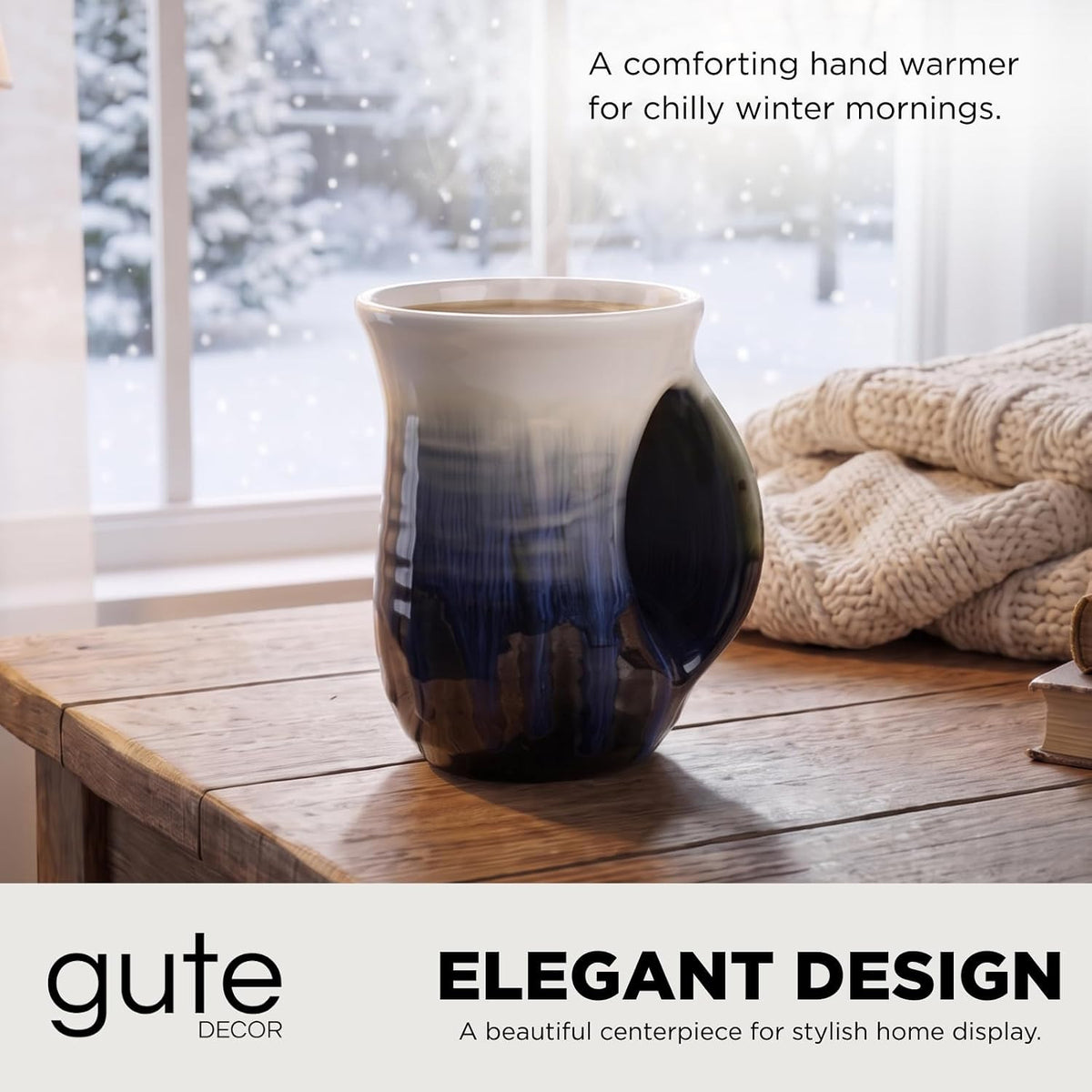 Ceramic Hand Warmer Mug with Hand-Painted Ocean Blue Finish - Contoured Pocket for Warmth