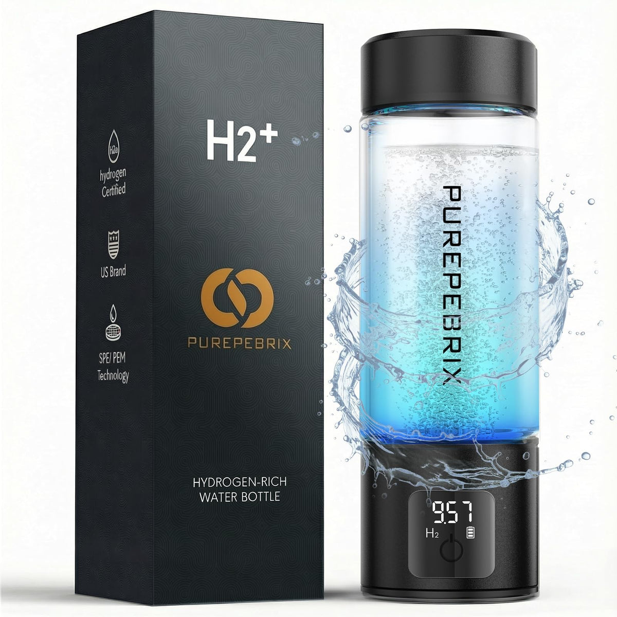 Hydrogen Water Bottle 14oz Glass Portable Water Flask with Leak-Proof Lid