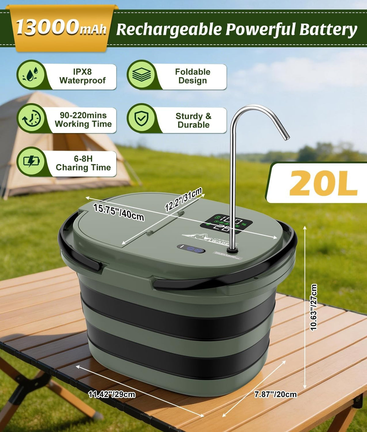 Portable Camping Shower with 20L Water Bucket, 5-Speed Pump & LED Display