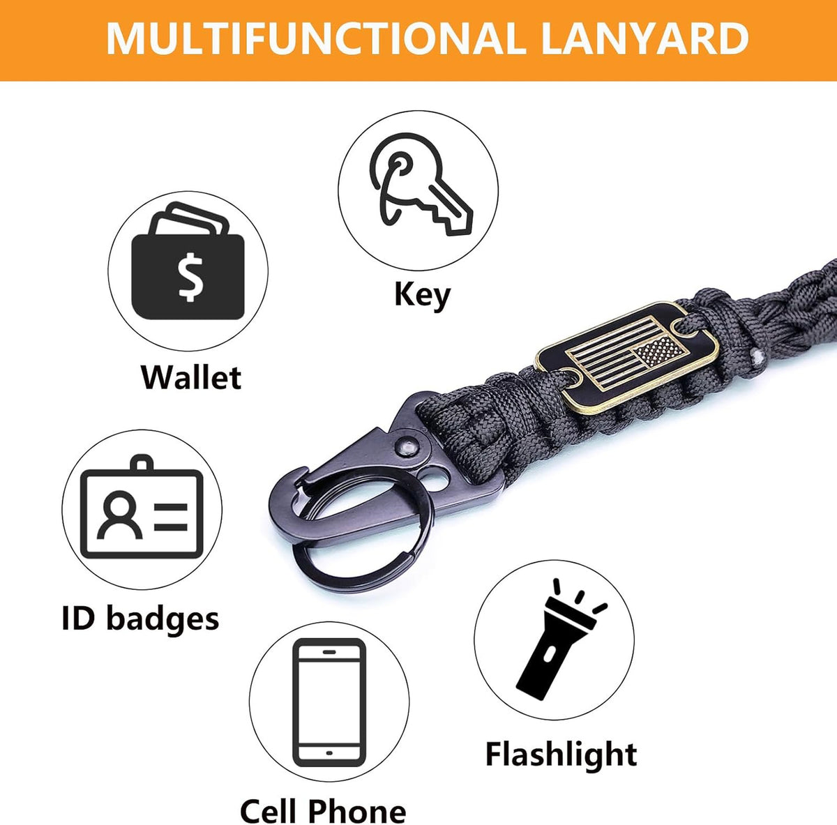 Heavy Duty Paracord Lanyard Keychain with USA Flag - Tactical Outdoor Accessory