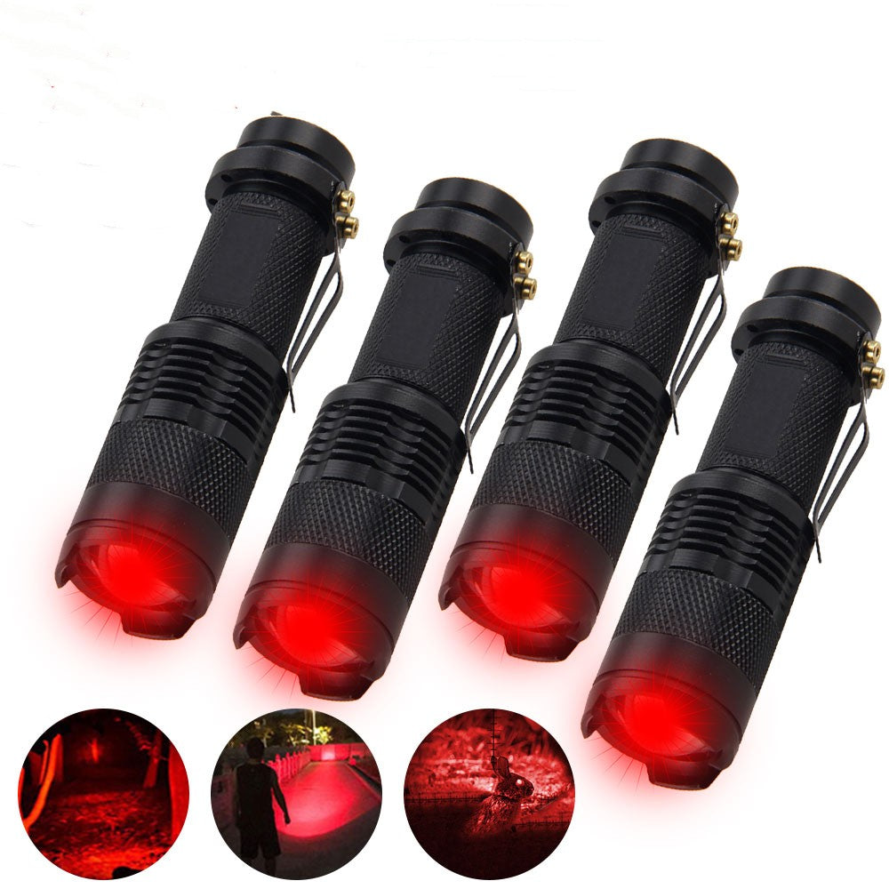 Red LED Flashlight with Zoom, Waterproof, Portable Camping Light, 2/4 Pack