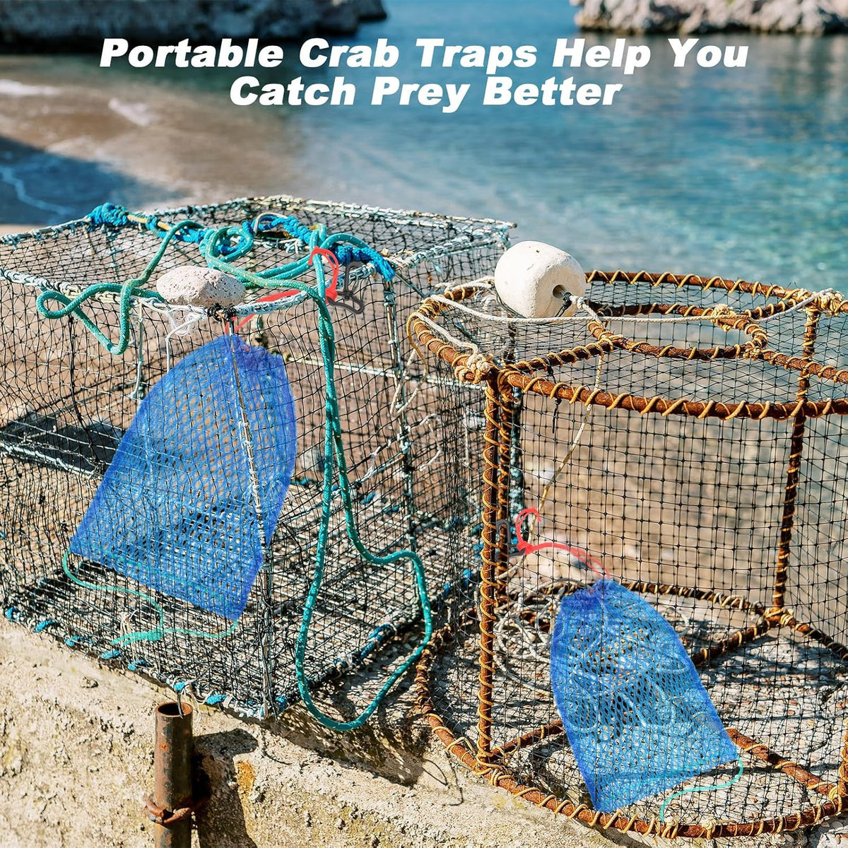 Fishing Crab Trap Bait Bags with Hooks - Portable Mesh Crayfish Nets (6 Pack)