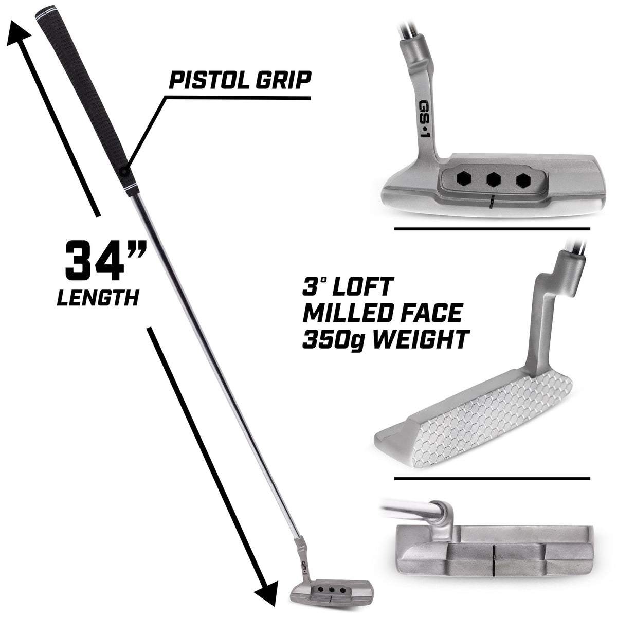 34-Inch Right-Handed Golf Putter with Pistol Grip and Milled Face