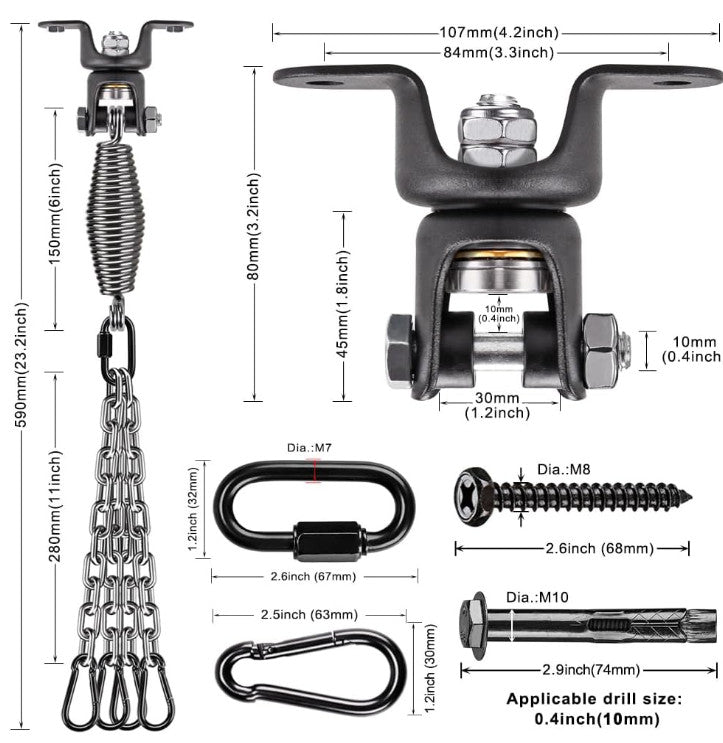 Heavy-Duty Boxing Bag Hanger with Chains and Springs - Up to 350 lbs, Silver
