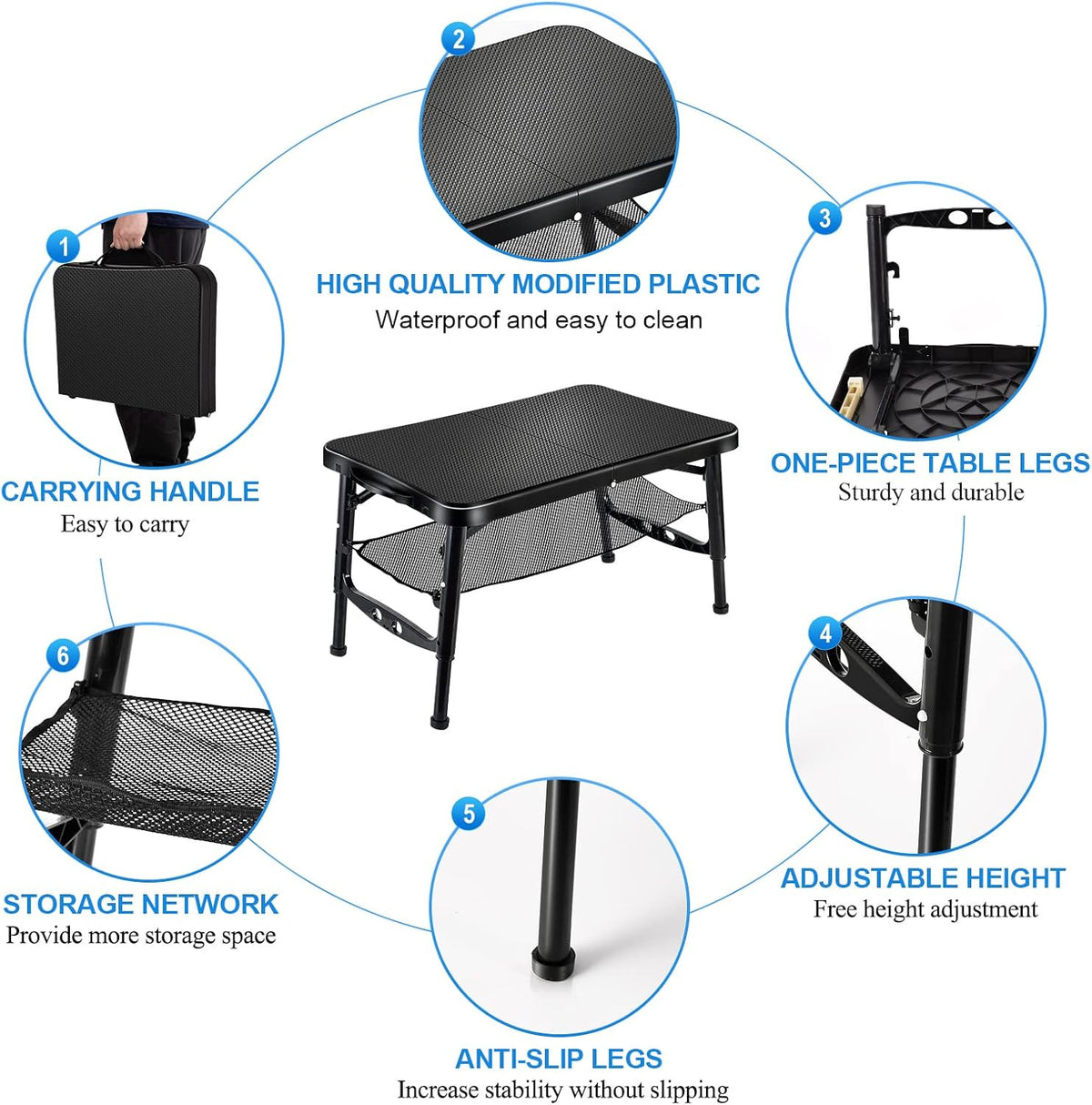 Portable Folding Camping Table and Stool Set - Adjustable Height Lightweight Black