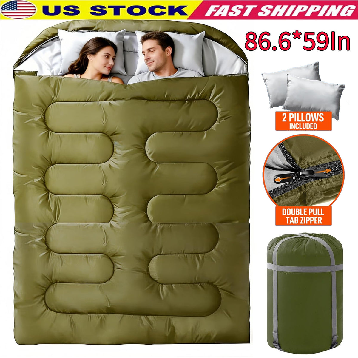 Double Sleeping Bag for Adults Queen Size XL, 2-Person Waterproof Camping Bed with 2 Pillows