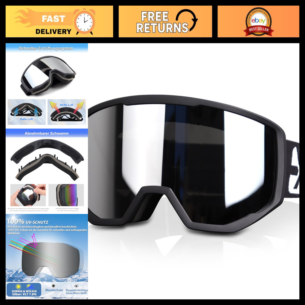 Over-Glasses Ski Snowboard Goggles Interchangeable Lenses Anti-Fog UV400