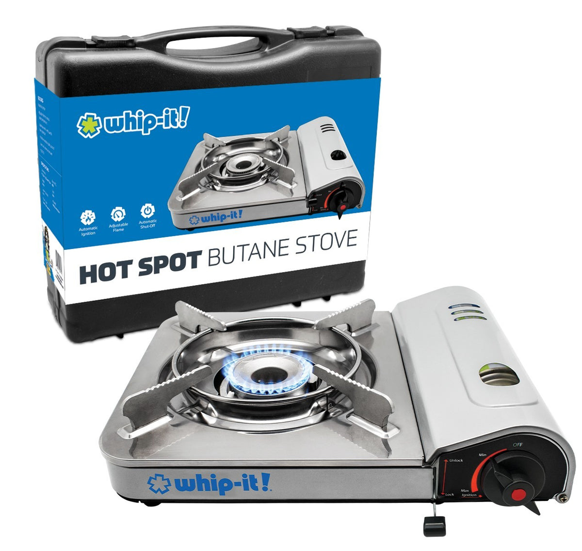 Portable Camping Stove with Hard Case - Single Butane Gas Burner, Includes 4 Cans