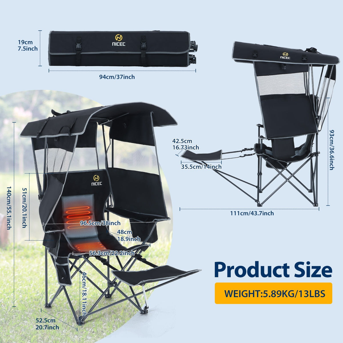Heated Outdoor Camping Chair with Canopy and Footrest - Portable Shade