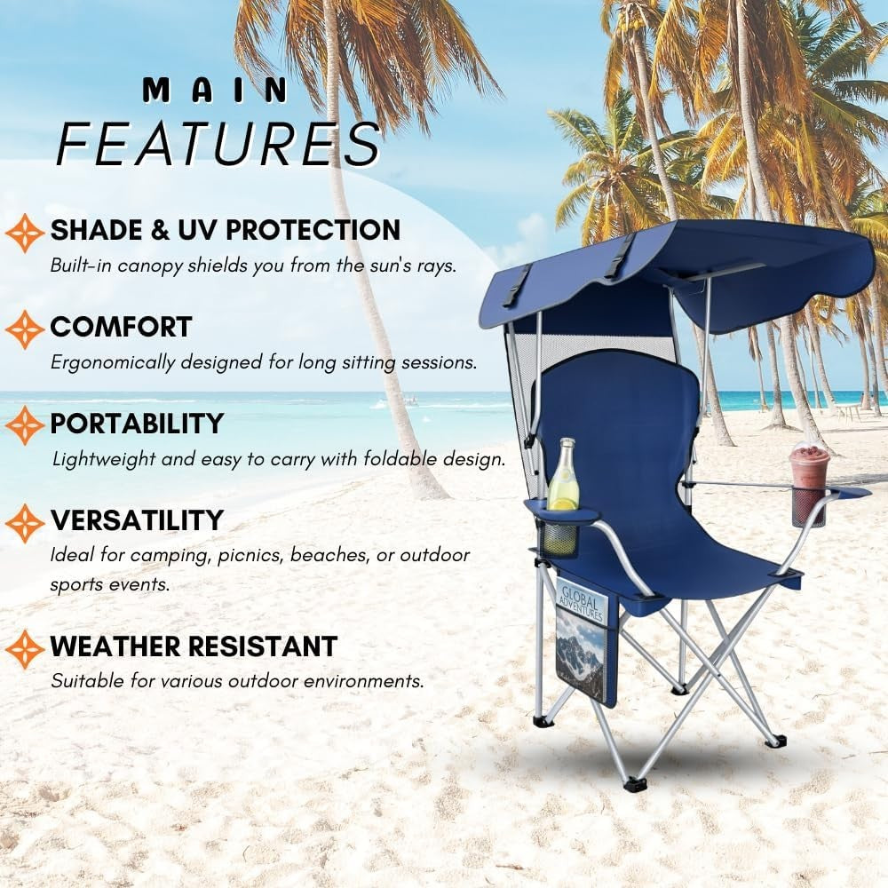 Portable Camping Chair with Canopy Sun Shade and Carrying Straps