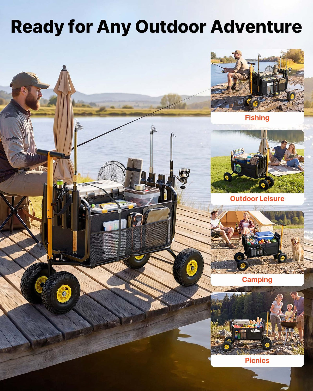 Foldable Fishing Cart 300 lbs with All-Terrain Rubber Wheels and Carbon Steel Frame