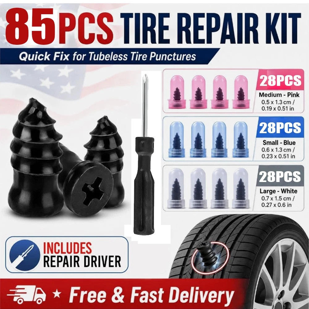 85-Piece Car Truck SUV Tire Repair Kit with Rubber Nails & Screwdriver