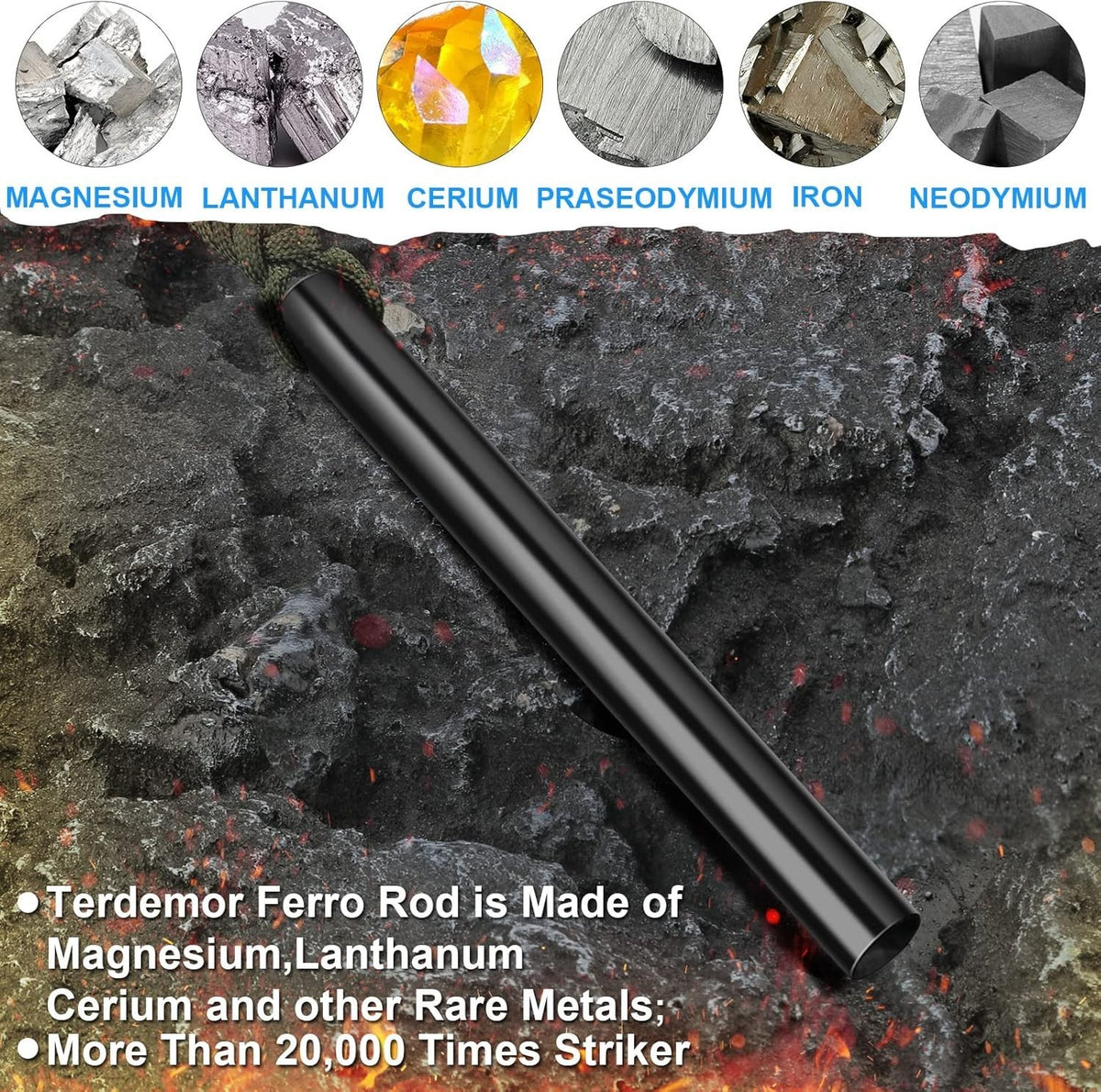 Outdoor Ferro Rod Fire Starter Kit with 5-Inch Ferro Rod, Tinder Wicks & Paracord