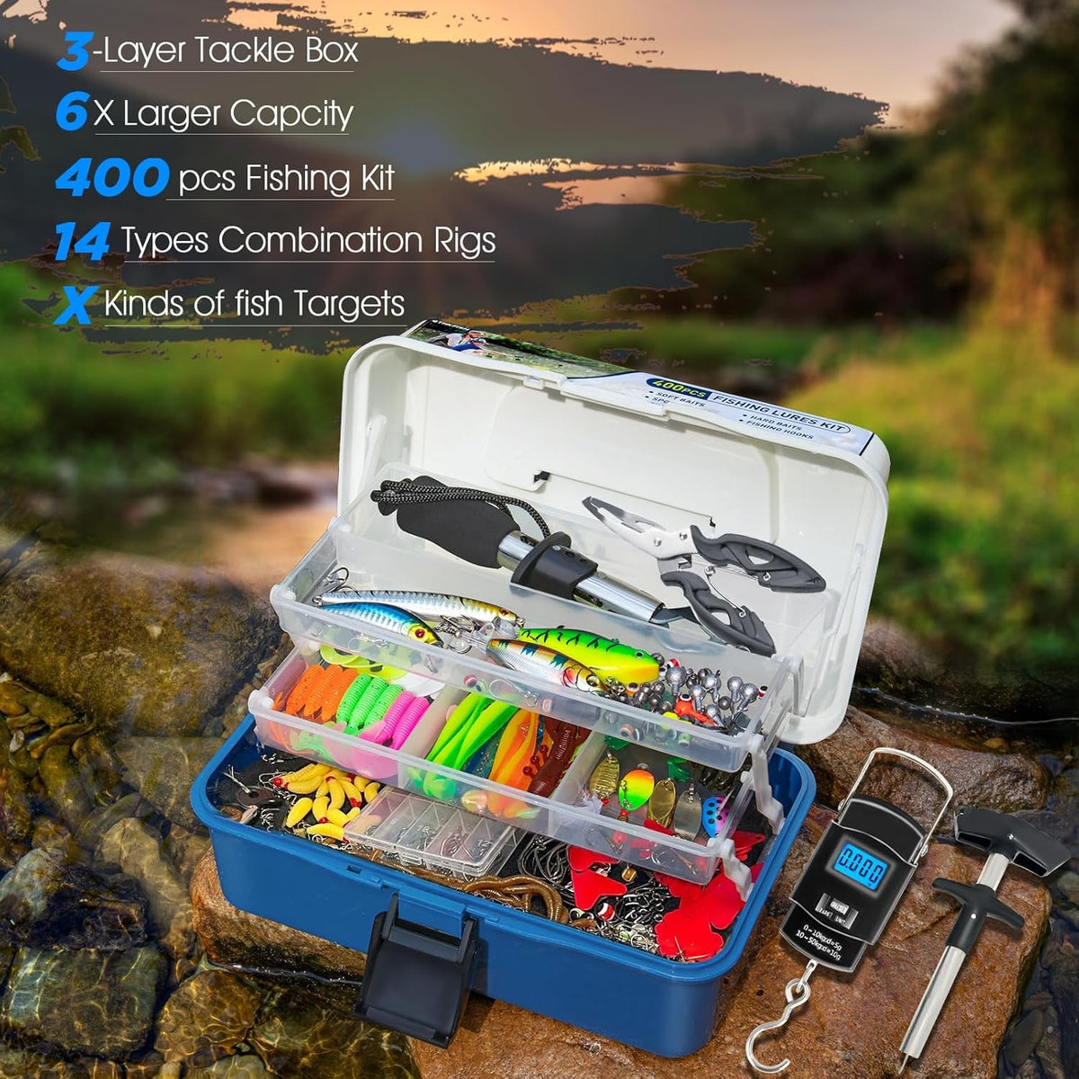 400-Piece Fishing Tackle Kit with 3-Layer Storage Box and Pliers - Women Gift