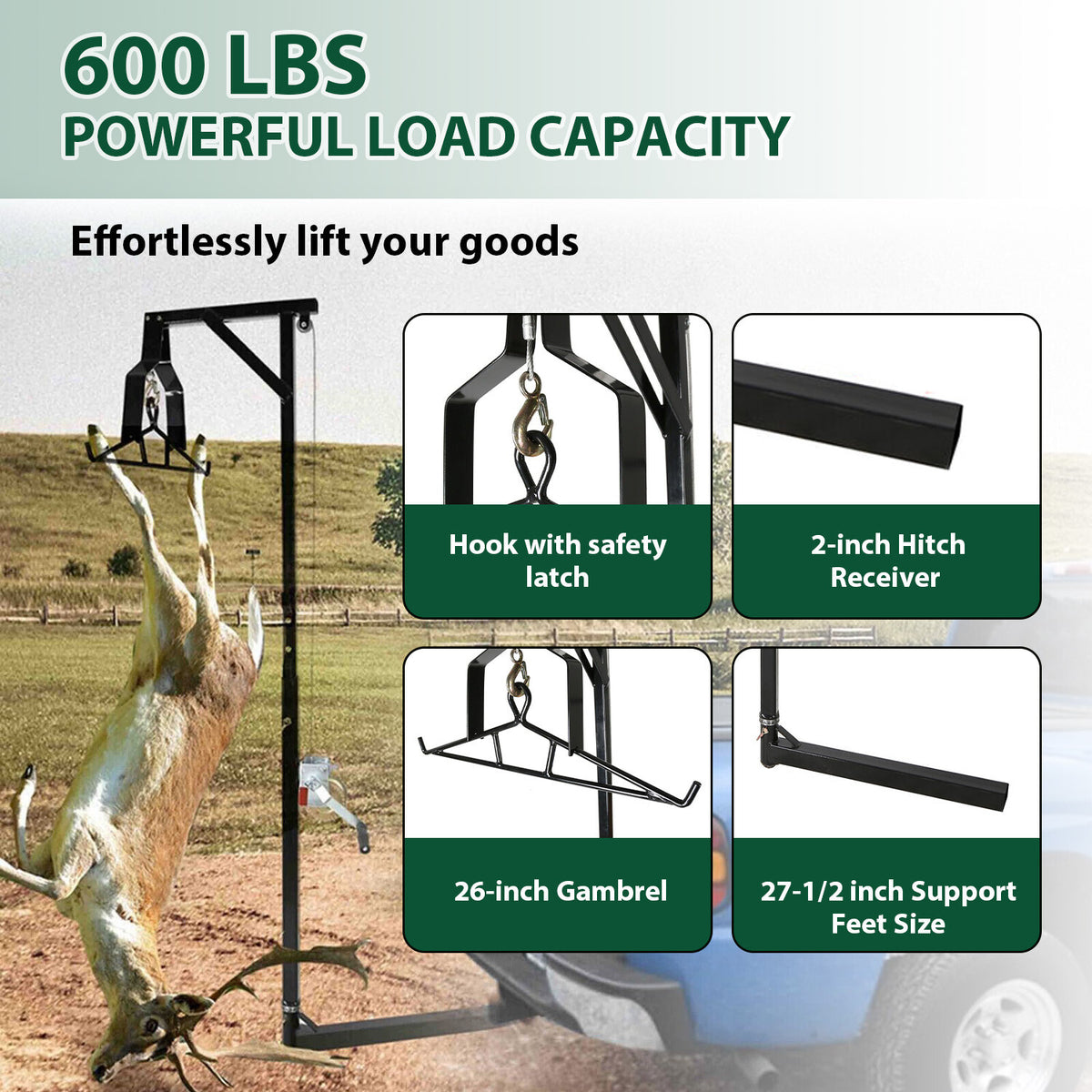 600LB Hitch Mount Deer Game Hoist Winch with Gambrel for Big Game Processing