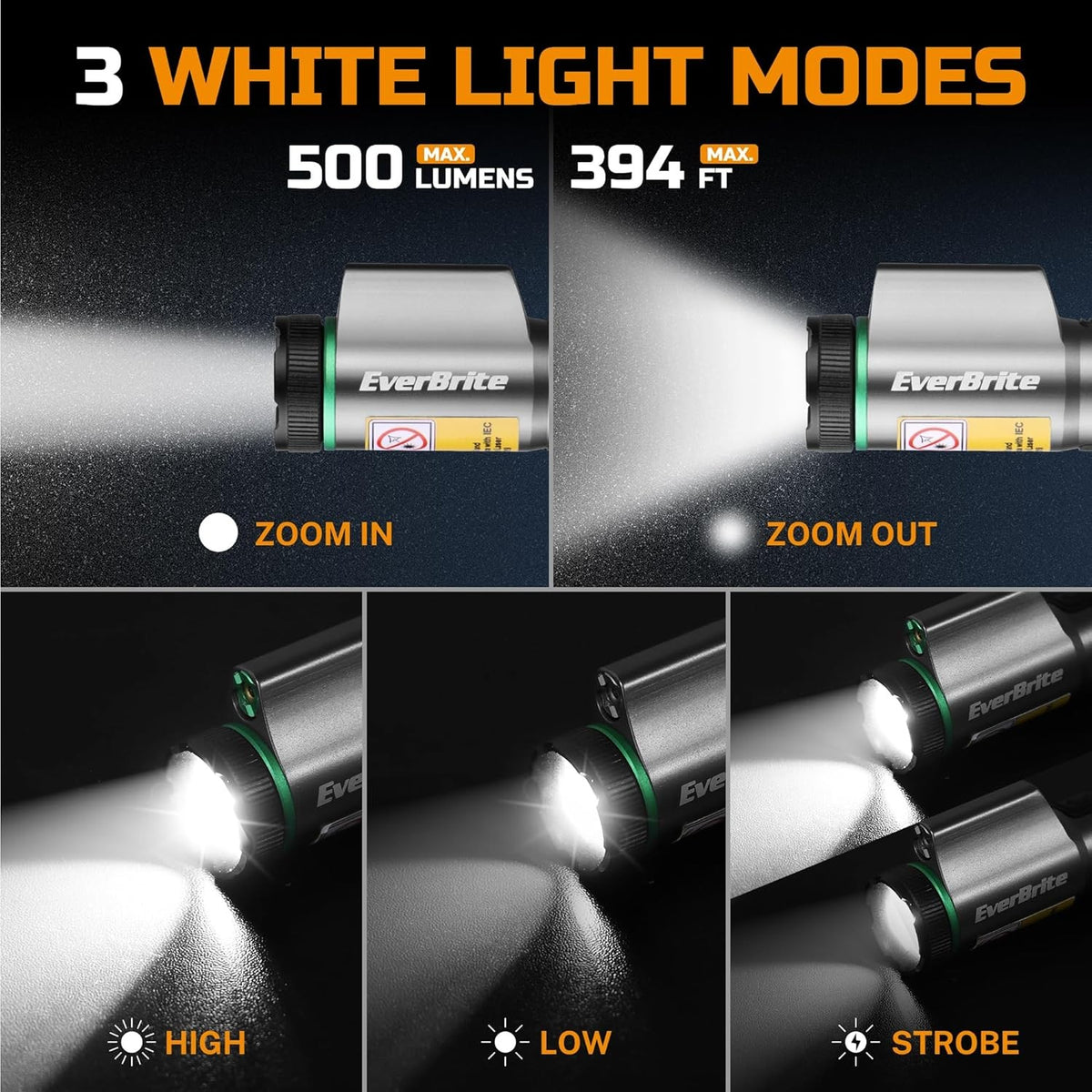 USB-C Rechargeable LED Flashlight with Green Laser Pointer, 500 Lumens, Magnetic & Zoomable Worklight