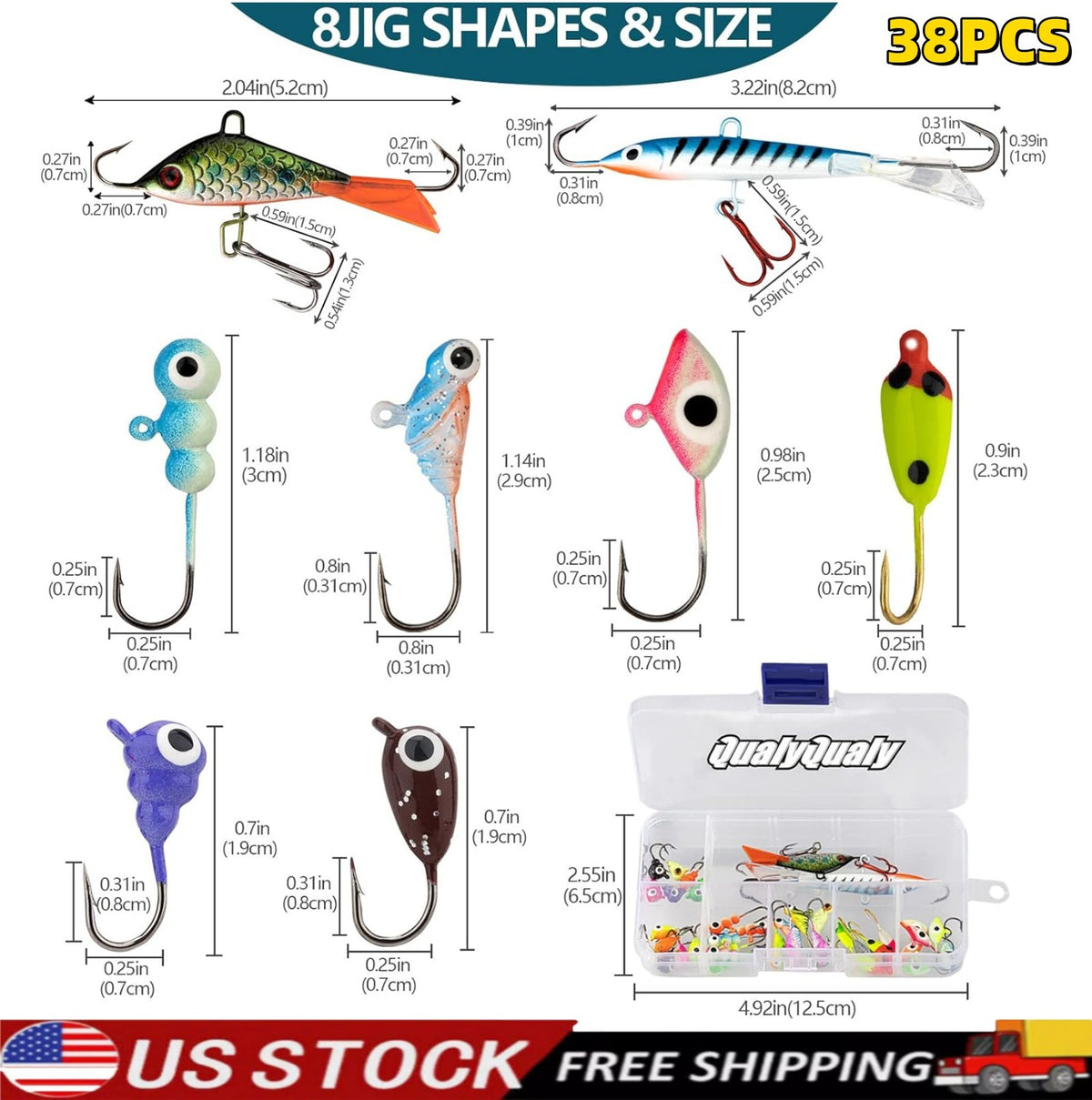 38Pcs Ice Fishing Jigs Set Glow Lures for Perch Crappie Panfish - Tackle Kit