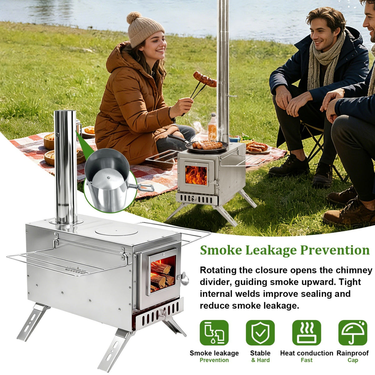 Outdoor Wood Burning Tent Stove with 7 Chimney Pipes Fire Pit for Camping