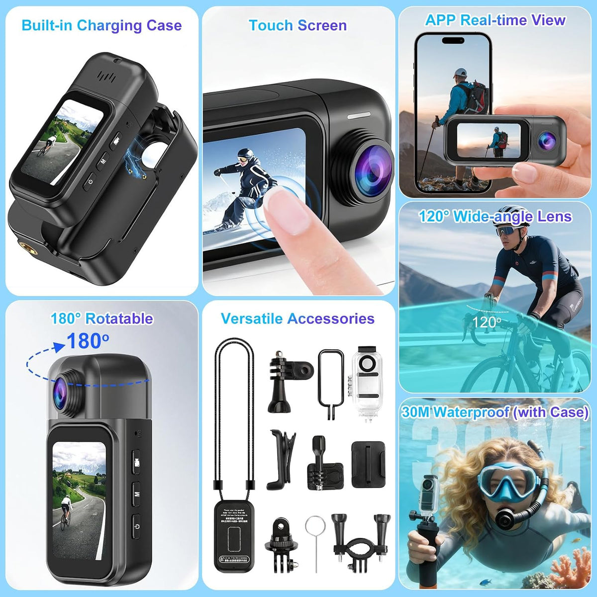4K HD Action Camera with 1.47" Touch Screen POV Body Cam for Travel & Vlogging