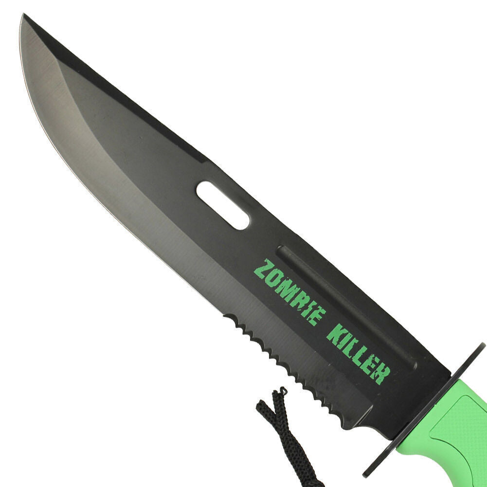 13-Inch Hunting Survival Combat Knife with Sheath - Black Blade, Green Handle