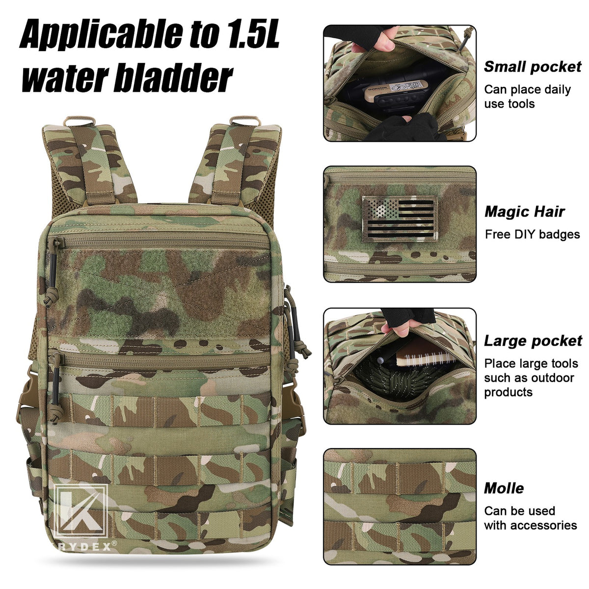 Tactical Hydration Pack with 1.5L Water Bladder - MOLLE Backpack for Outdoor & Military Use