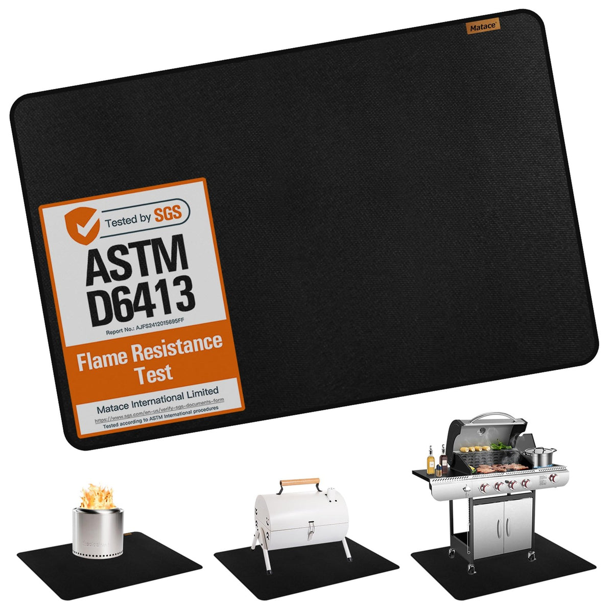 Fireproof Grease Mat for Outdoor Grill, Fire Pit, BBQ 48x36 - Black