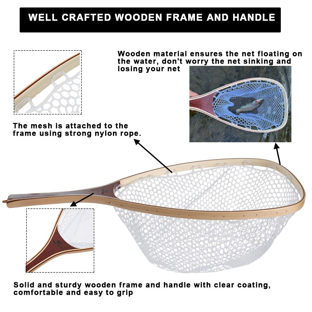 Fly Fishing Net Rubber Mesh Trout Landing Net with Wooden Handle - Catch & Release