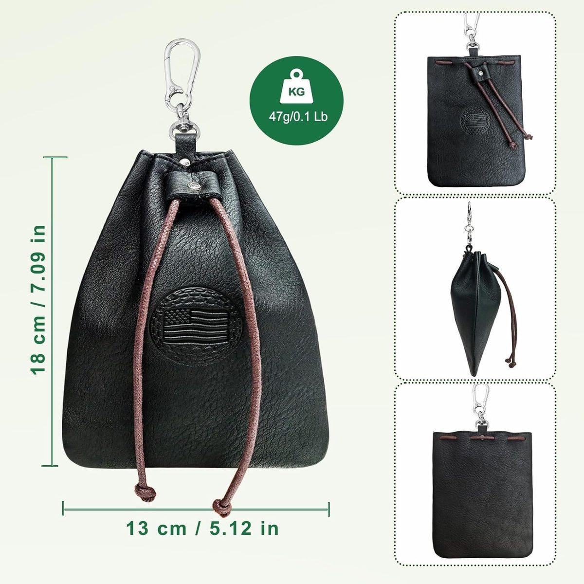 Genuine Leather Golf Valuables Pouch with USA Flag Design and Drawstring Lock