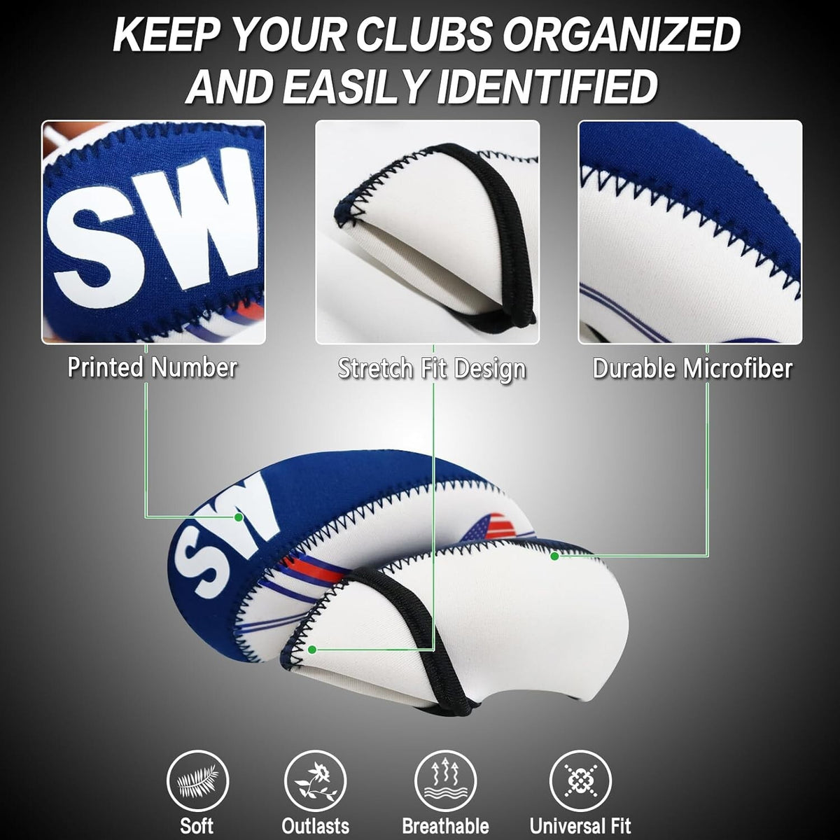 10 Pcs Golf Head Cover Set Club Iron Protectors Neoprene US Flag Styles