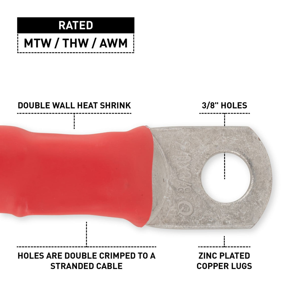 2/0 Red Battery Interconnect Cable 8 Inches with 3/8 Inch Lugs - USA Made