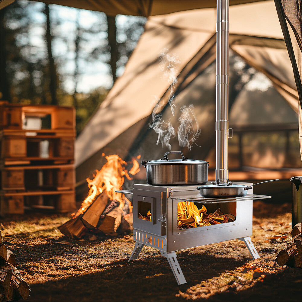 Portable Camping Wood Stove with Chimney Pipes, Tools, Bag & Ground Stakes